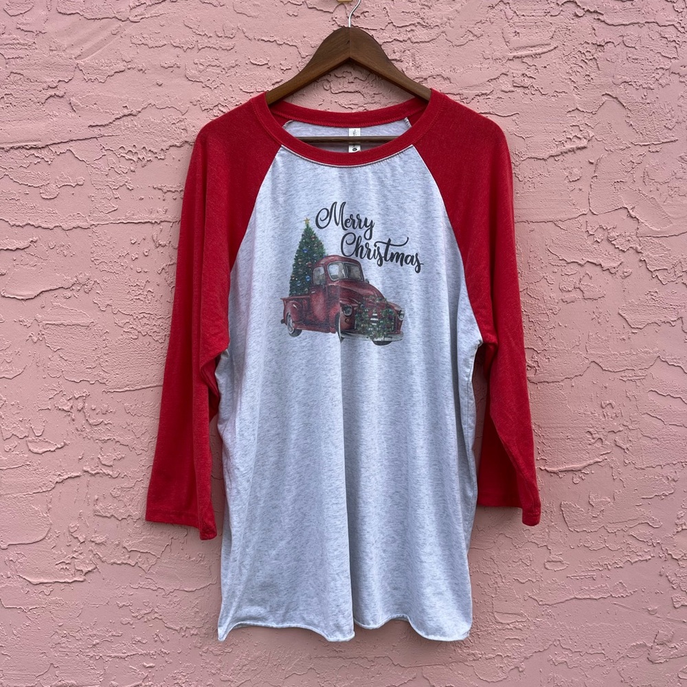 Next Level Merry Christmas Raglan Graphic Tee T-Shirt Baseball Tee XXL Ford Chev